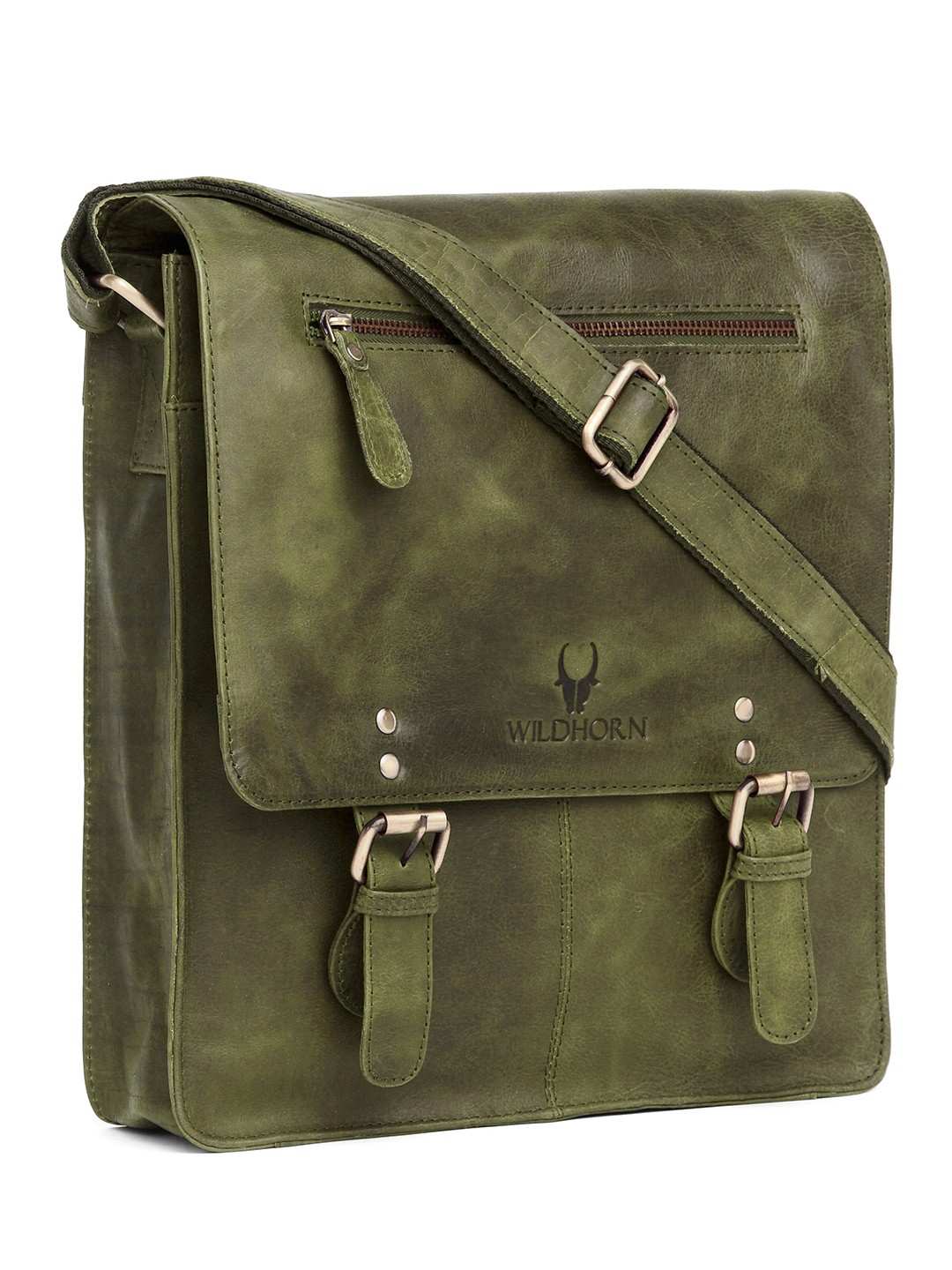 WildHorn Green Classic Leather Adjustable Strap Messenger Bag for Men