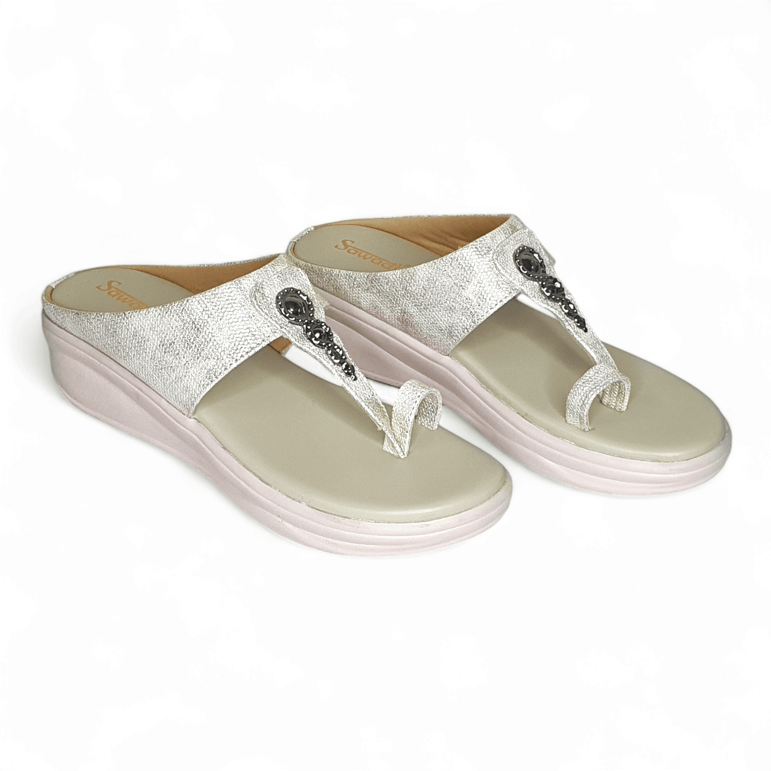 Sawadi Women's Off-White Embellished Wedge Sandal - Elegant and Comfortable Platform Heels | Sawadi Mart