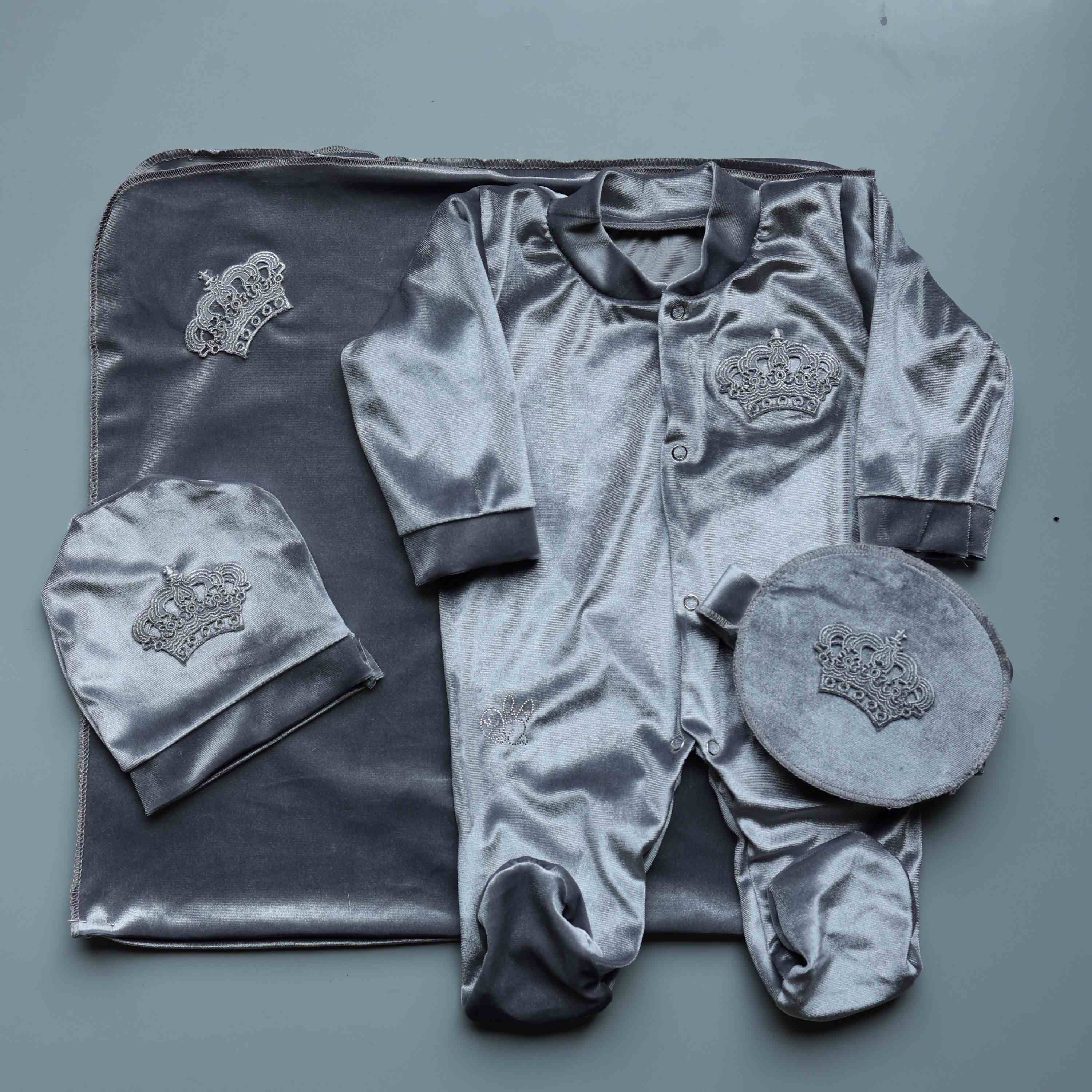Elegant Grey Velvet Crown Romper Set