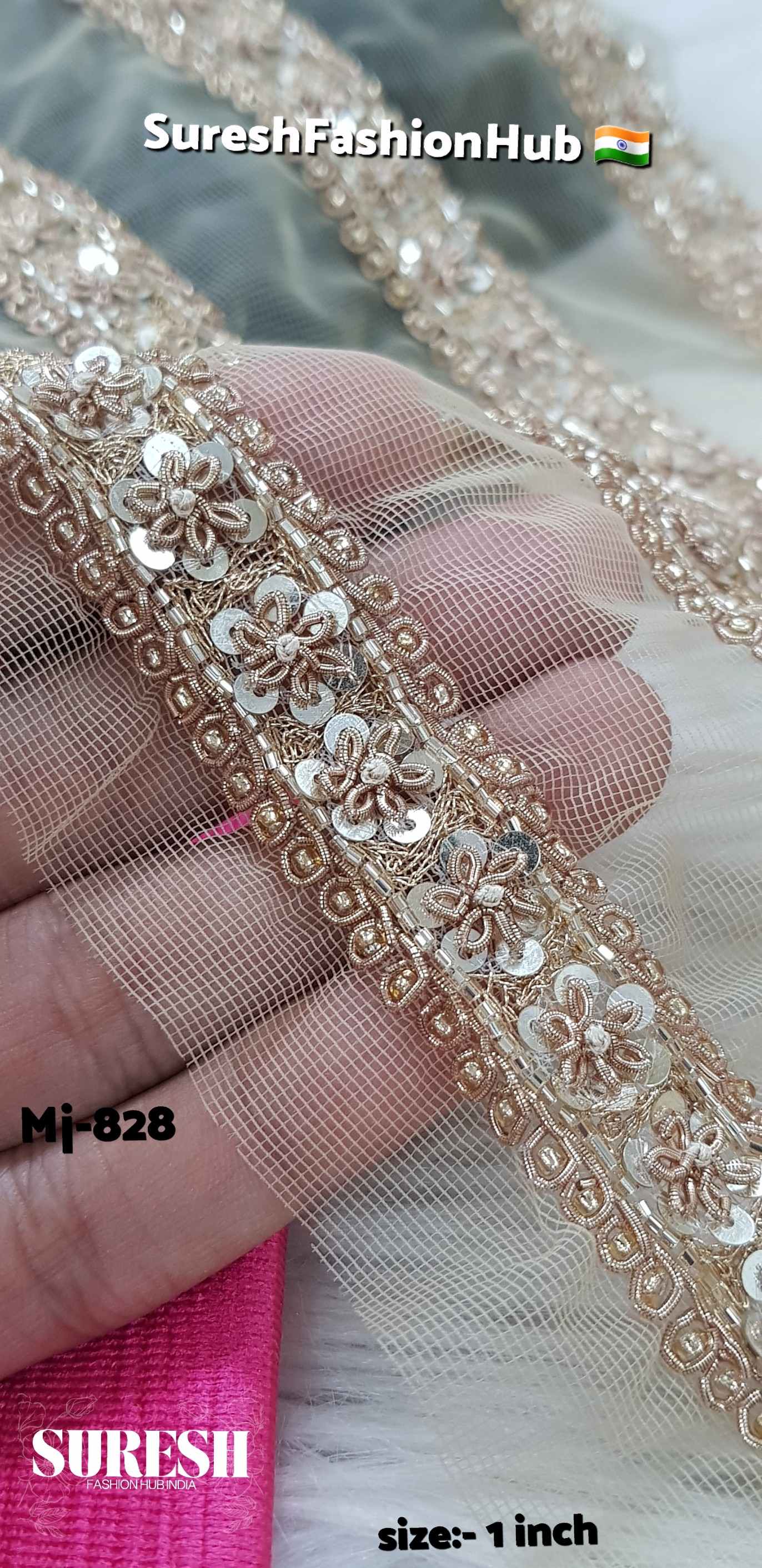 Mj-828 Gold Handmade Floral Jardosi Net Border – 9 Meters