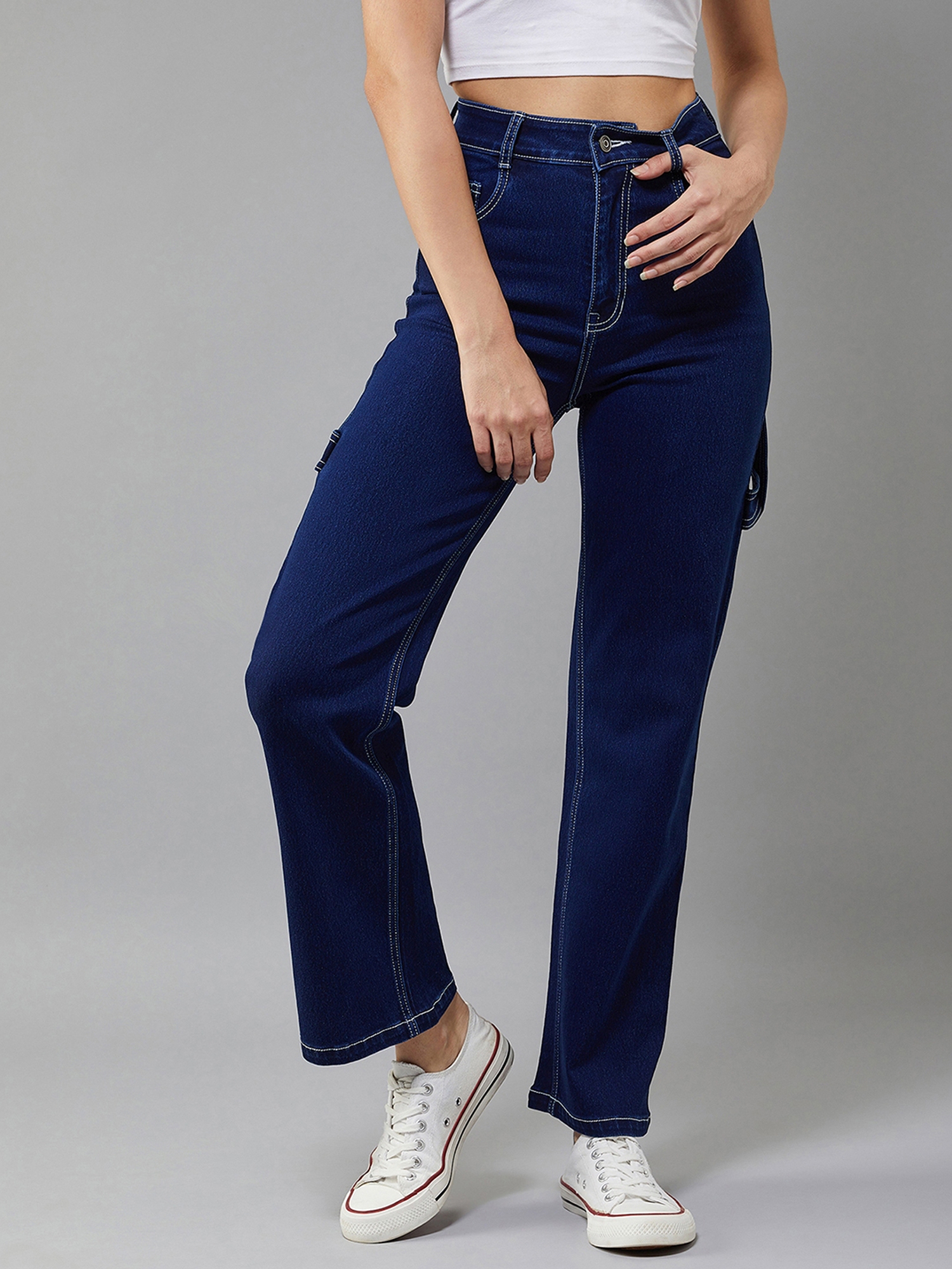 Dolce Crudo | Women's Navy Blue Wide leg High rise Clean look Regular Stretchable Denim Jeans