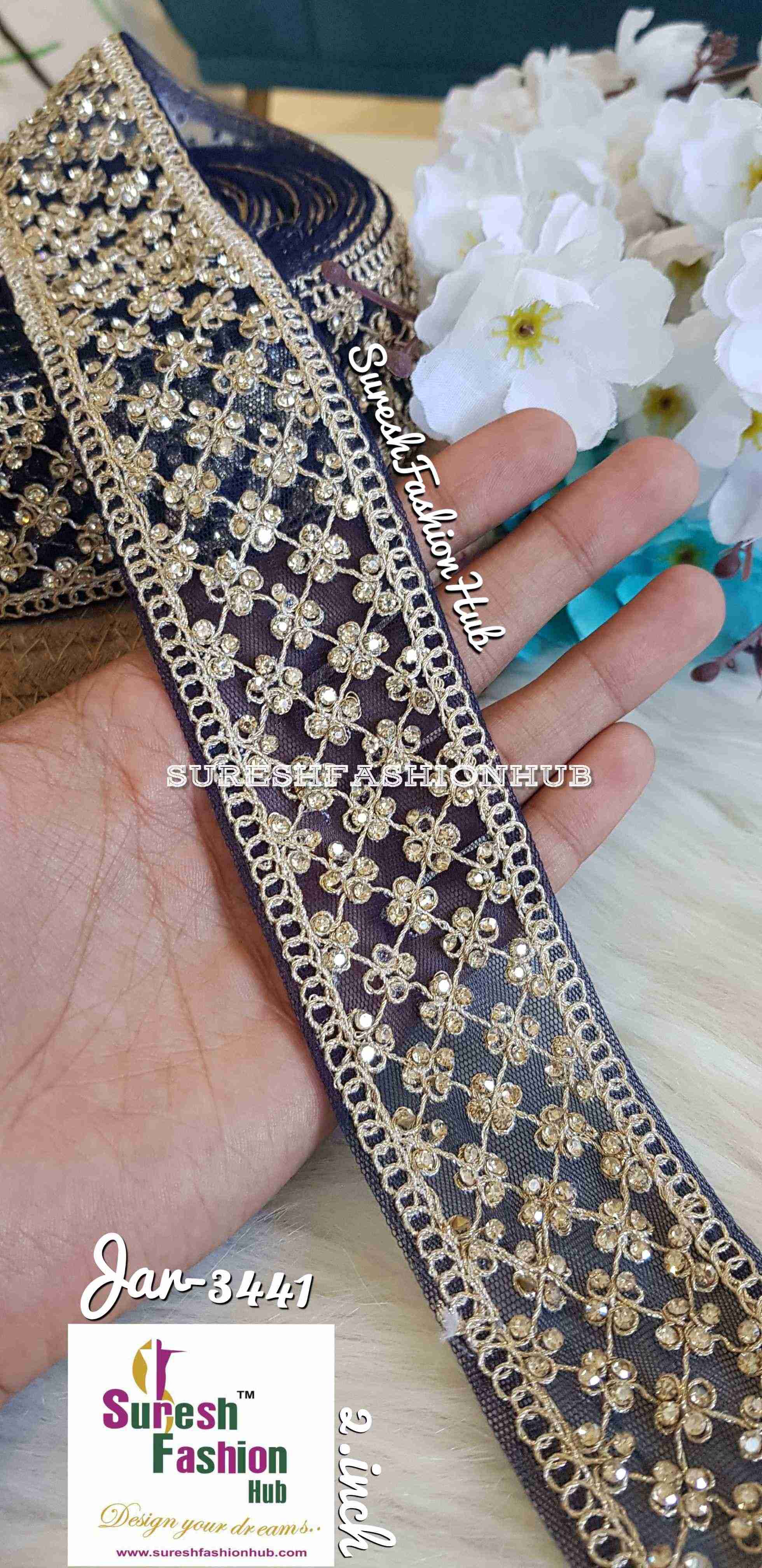 Gemstone Garden Navy Blue Embroidered Trim