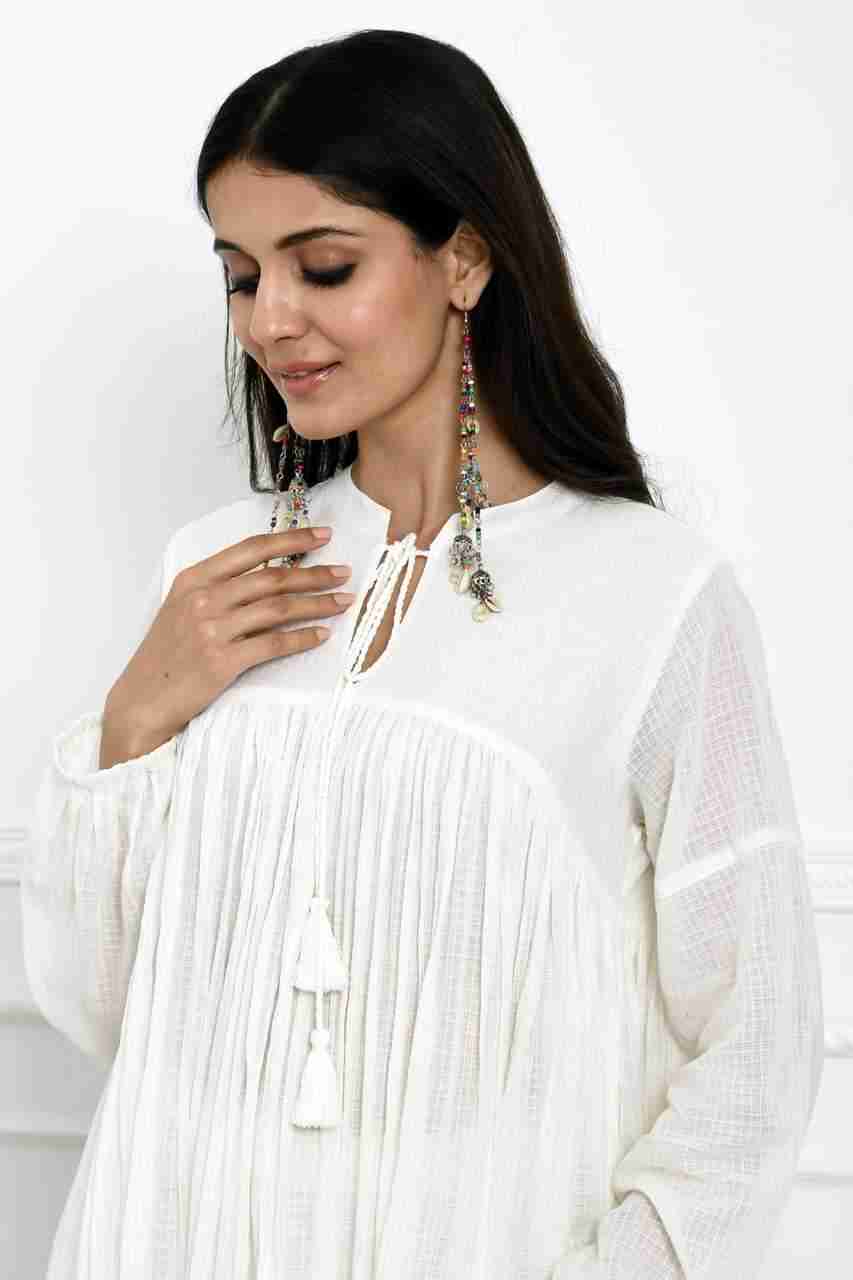 Naksh Plain White Pure Cotton Kota Long Gathered Kurta And Pants (Set of 2)