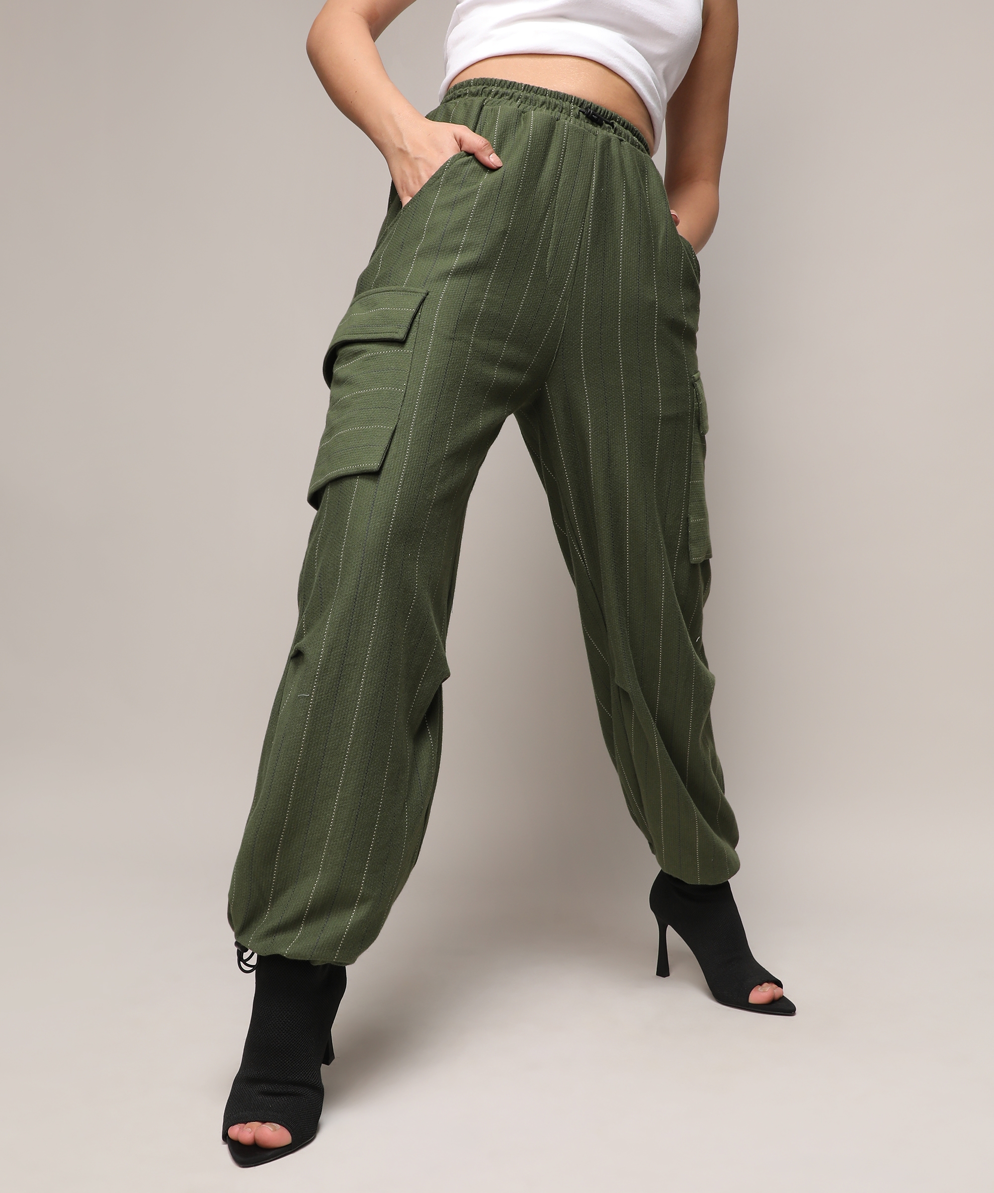 CAMPUS SUTRA | Women's Forest Green Striped Cargos