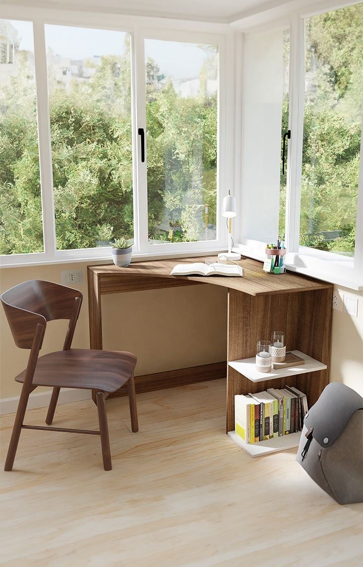 NEUDOT Cruze Corner Study Table - Leon Teak | Corner Study Table for Students | 1 Wood Study Table | Office Table | Desk for Work from Home | 1 Year Warranty