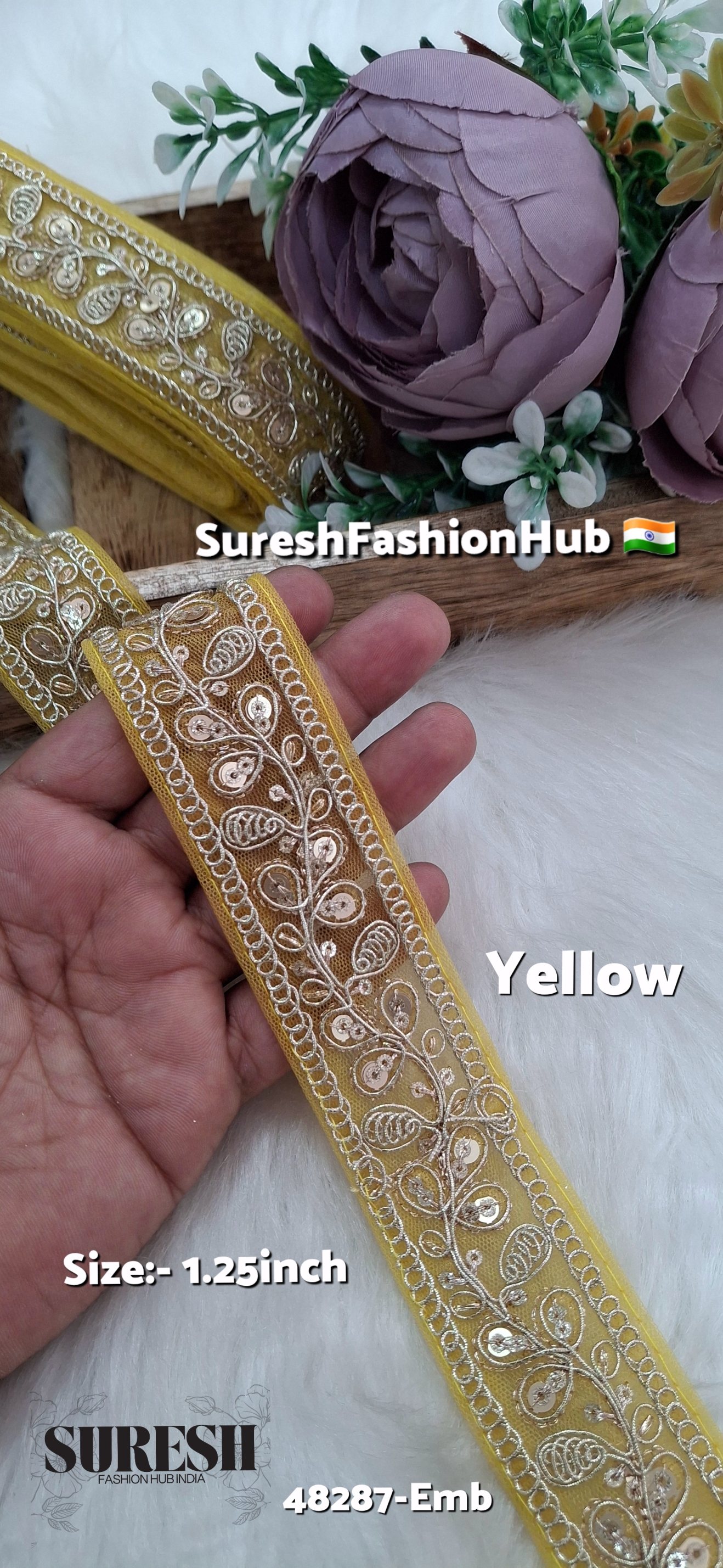 Yellow Pearl Dori Zari Embroidery Border Lace