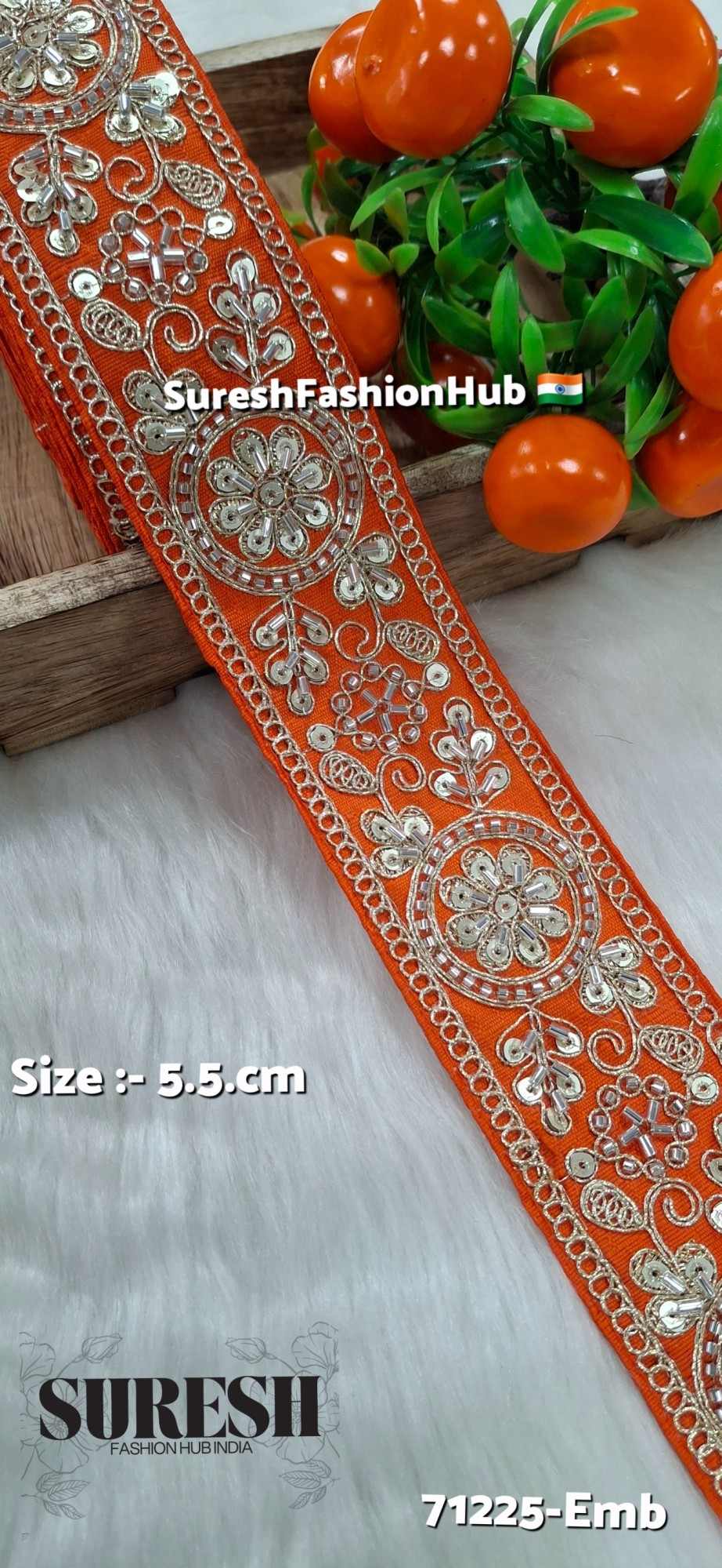 Orange Floral Cutdana Bead Embroidery Lace – Design No. 71225-Emb