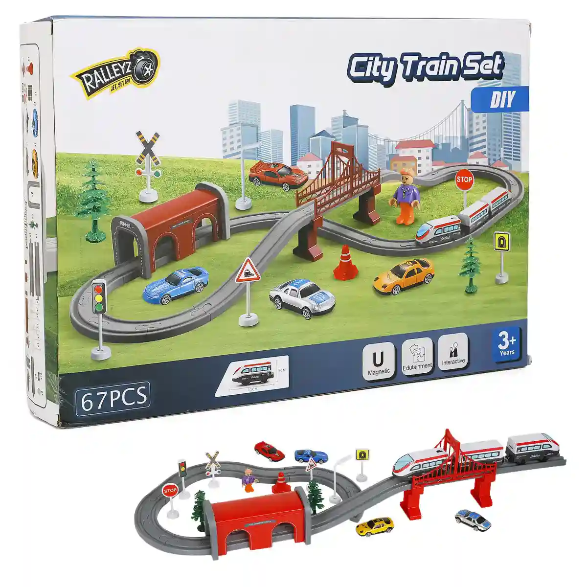 Ralleyz Fast Speed City Train Set, 67-Piece Self-Assemble Battery-Operated Model Train Toy, Multicolour, 3Y+