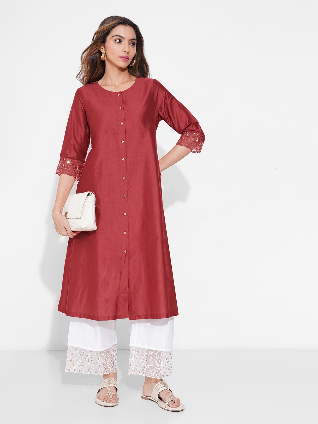 Floral Embroidery Detail A-line Minimal Kurta