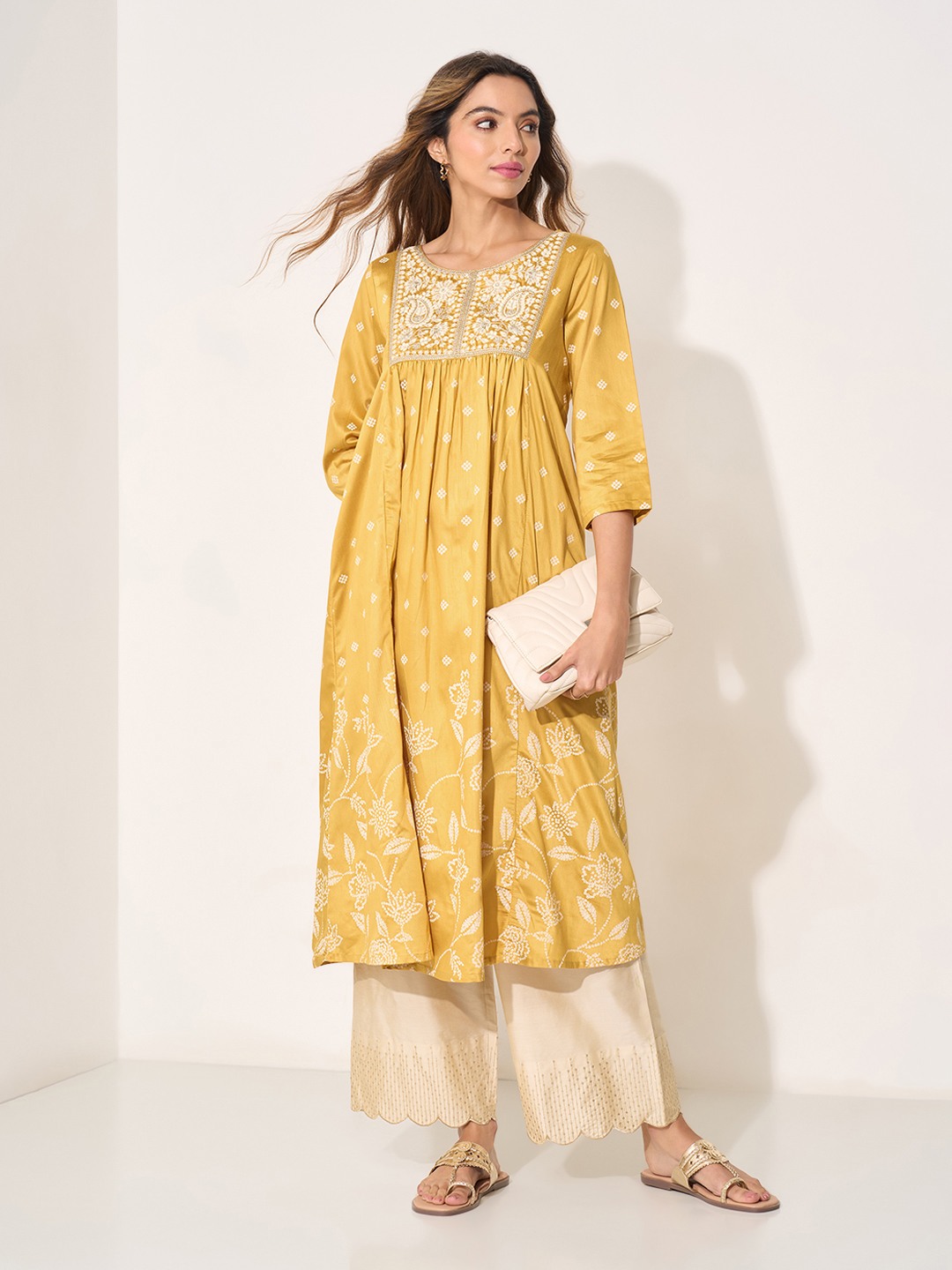 Mustard Embroidered Flared Festive Kurta