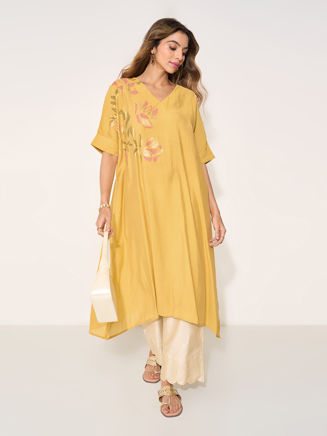 Yellow Statement Print Dolman Sleeves Kurta