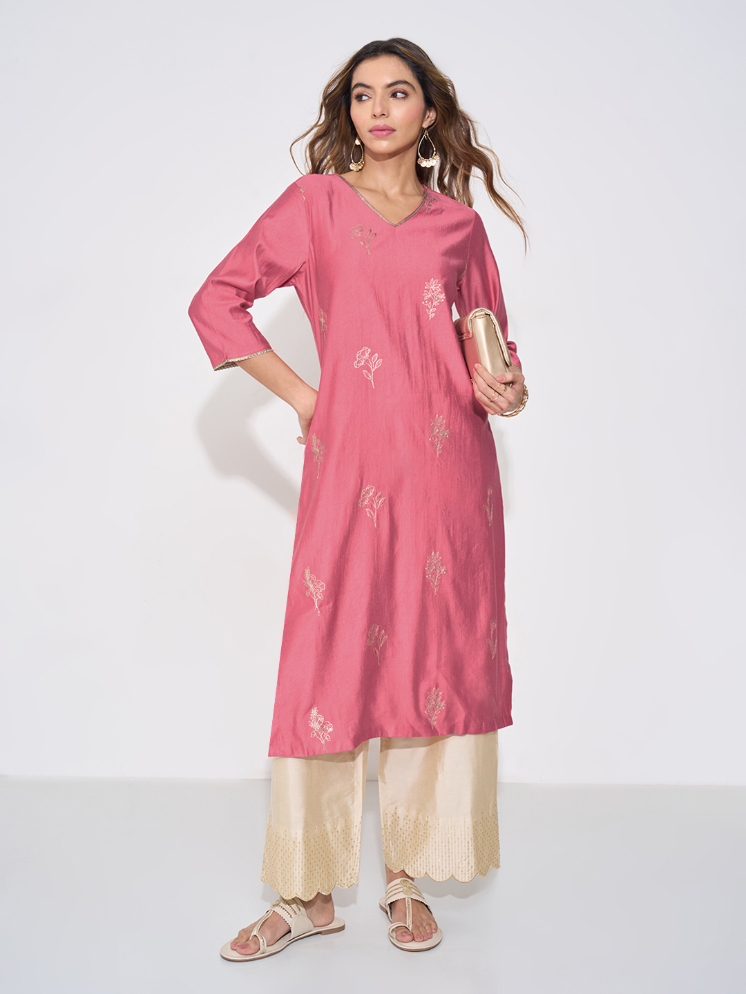 Pink Floral Embroidered Festive Kurta