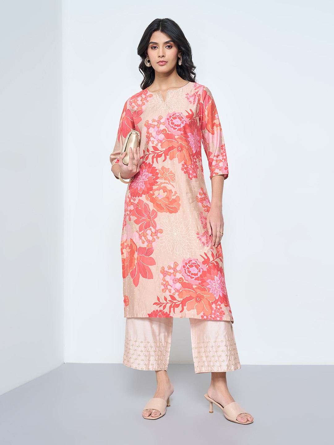 Beige Floral Print Festive Kurta
