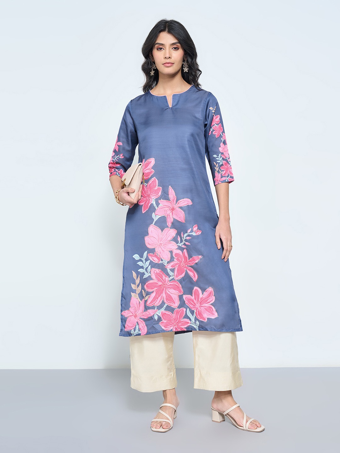Blue Floral Placement Print Festive Kurta
