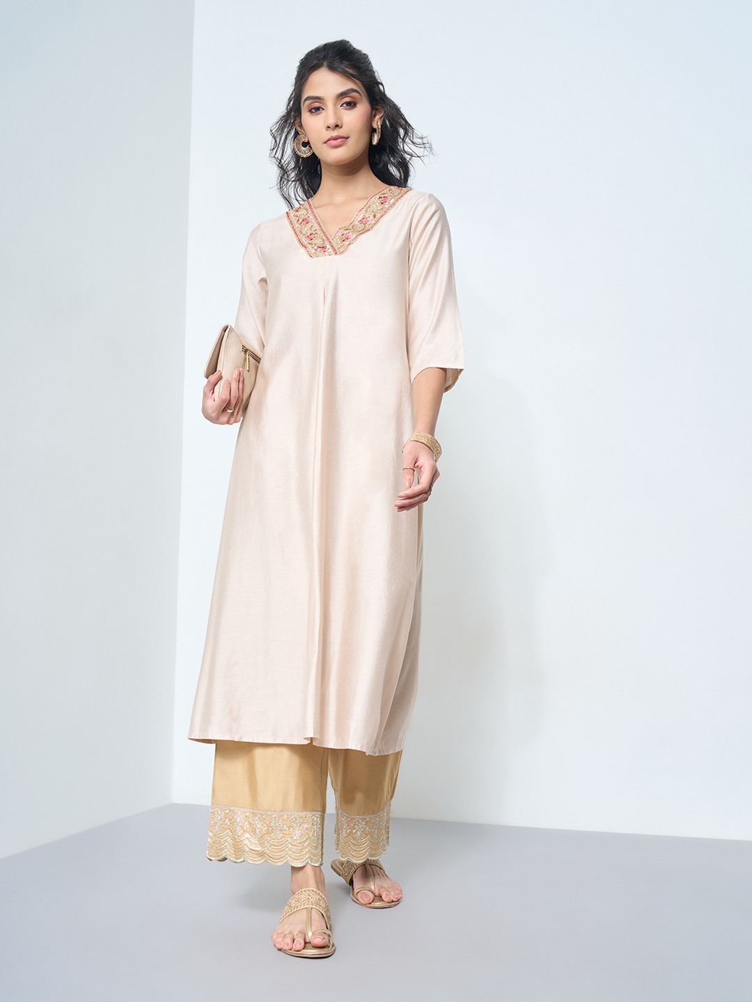 Beige Shimmer Embroidered Pleat Detail A-Line Kurta