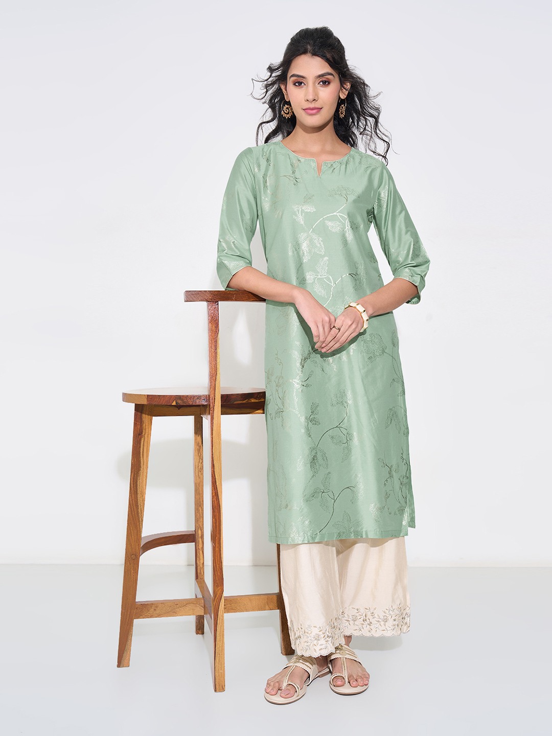 Mint Gold Floral Print Kurta