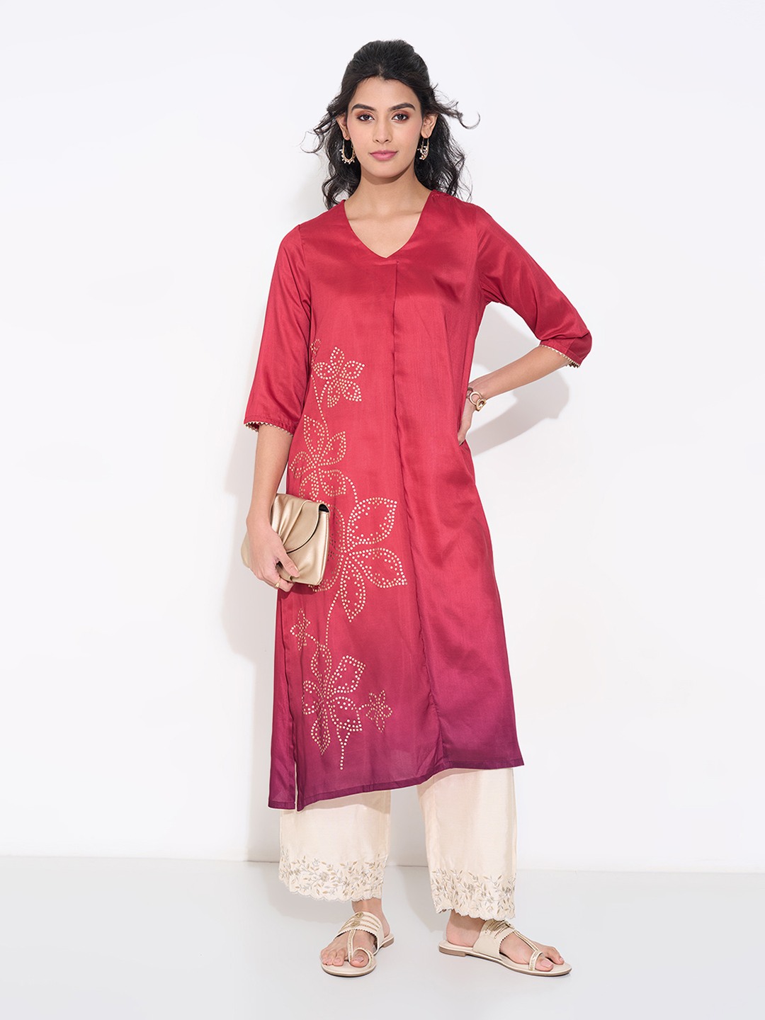 Fuchsia Floral Foil Print Ombré Kurta with Pleat Detail