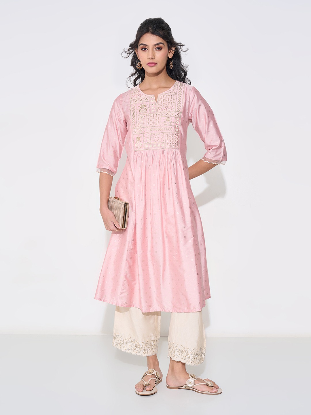 Blush Pink Embroidered A-line Kurta with Yoke Detailing