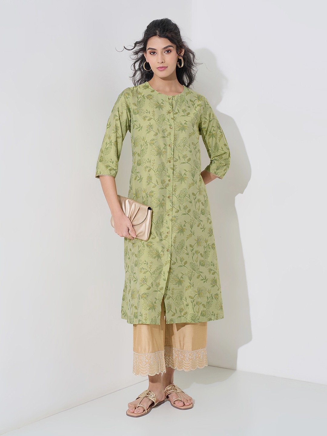 Green Botanical Print Kurta