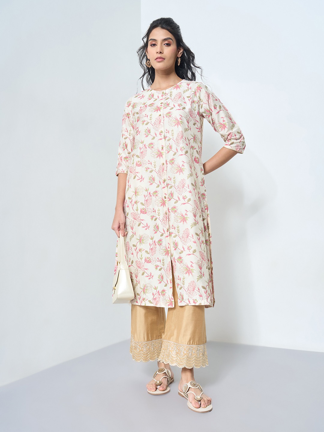White Floral Print Festive A-Line Kurta