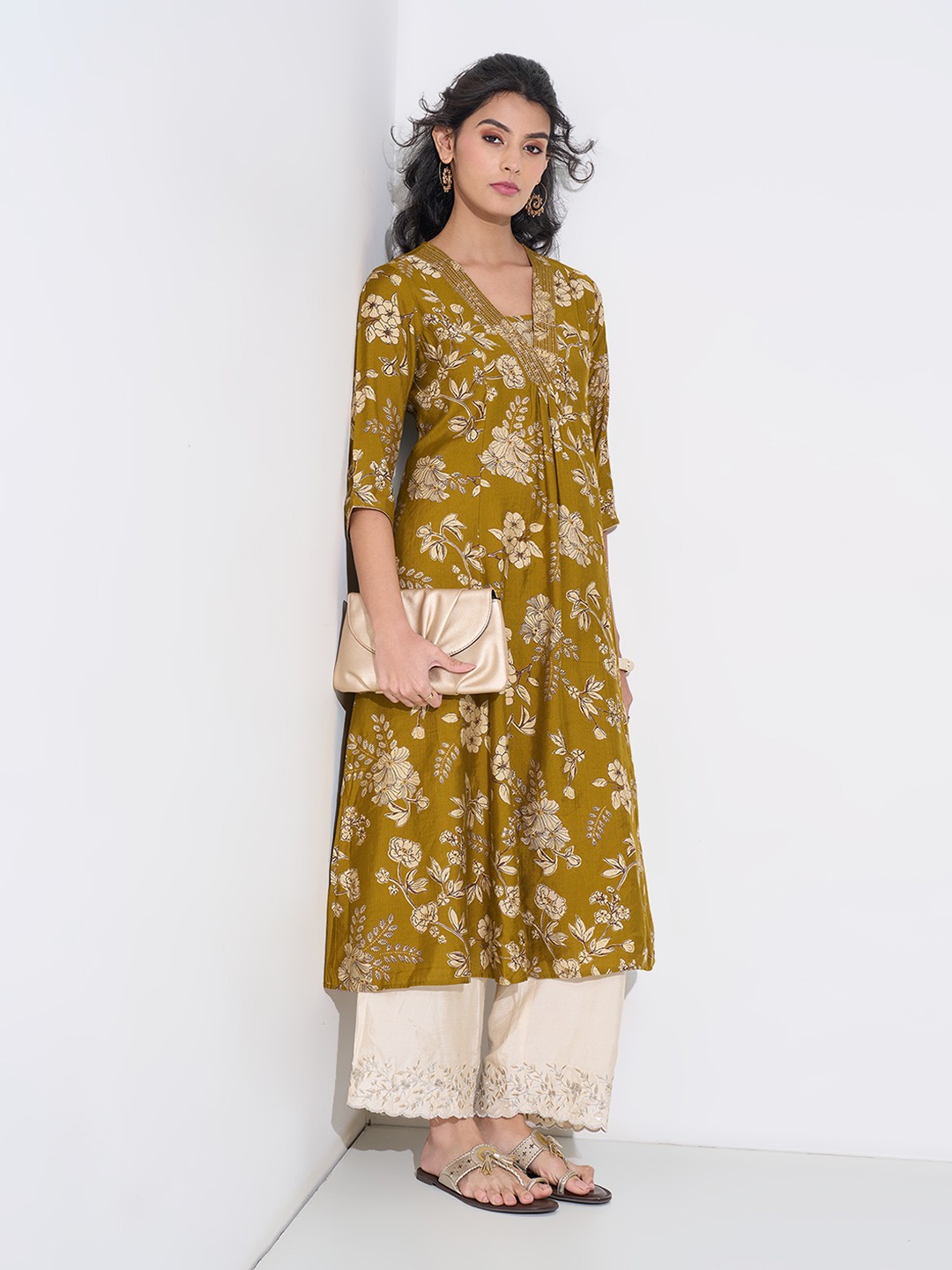Mustard Floral Print A-line Kurta with Gather Detail