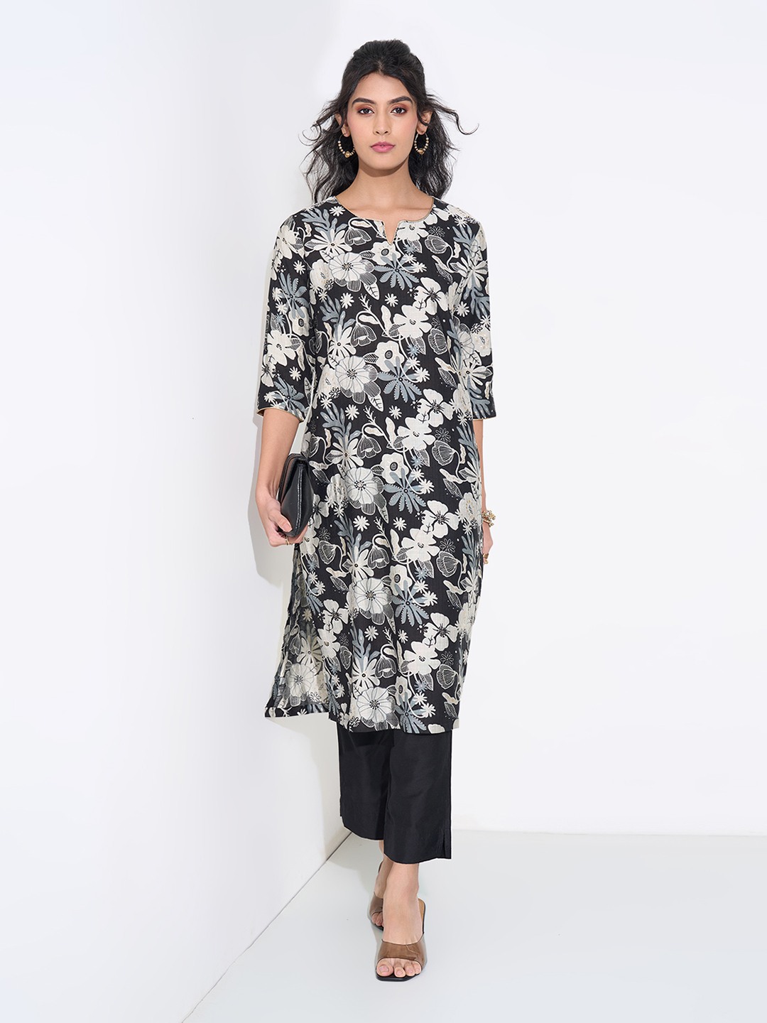 Black Floral Print Kurta