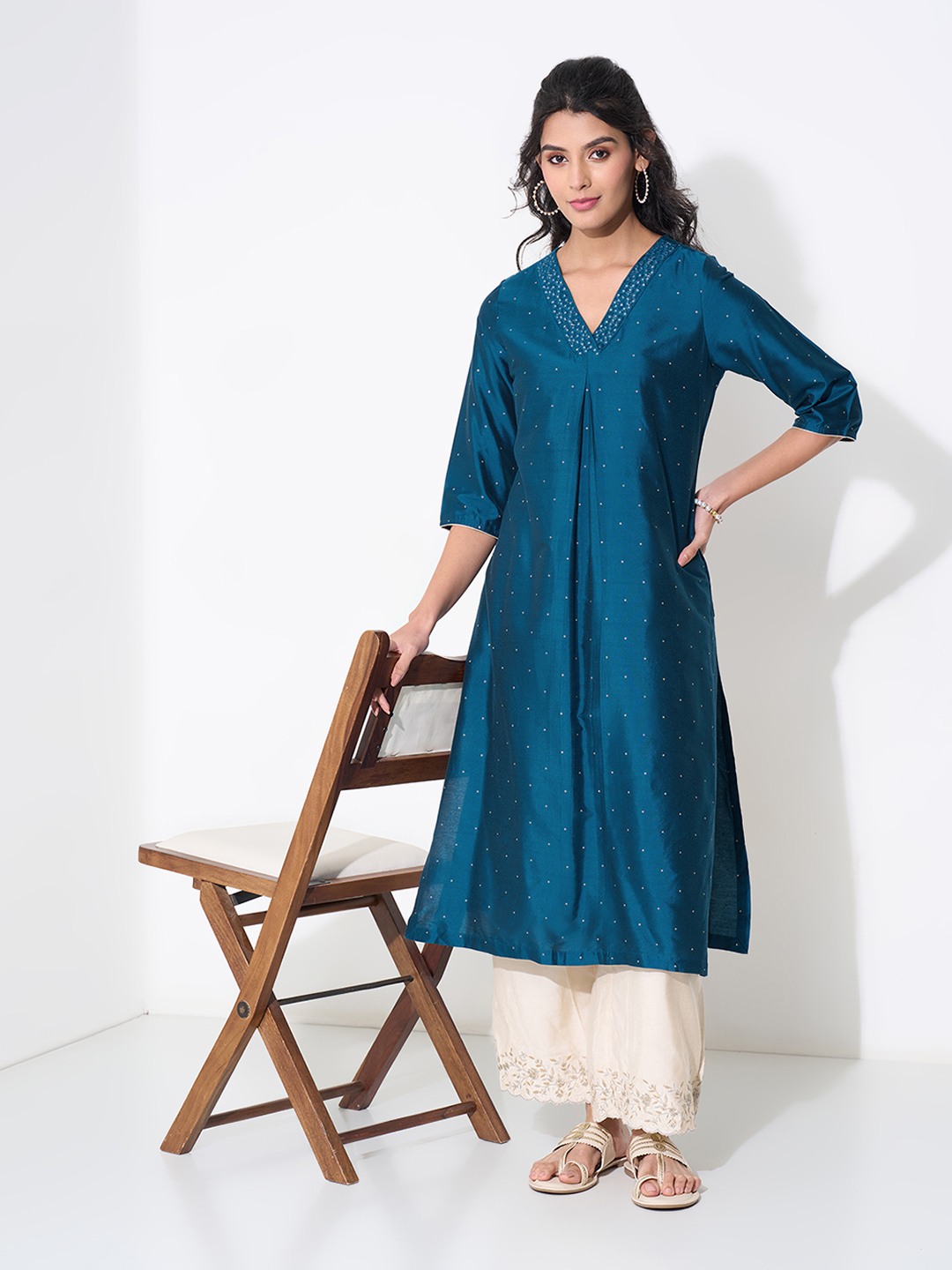 Teal Embellished A-line Kurta with Pleat Detail