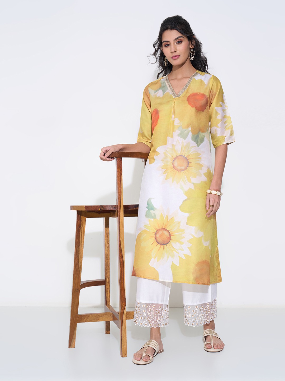 Yellow Sunflower Print with Pleat Detail