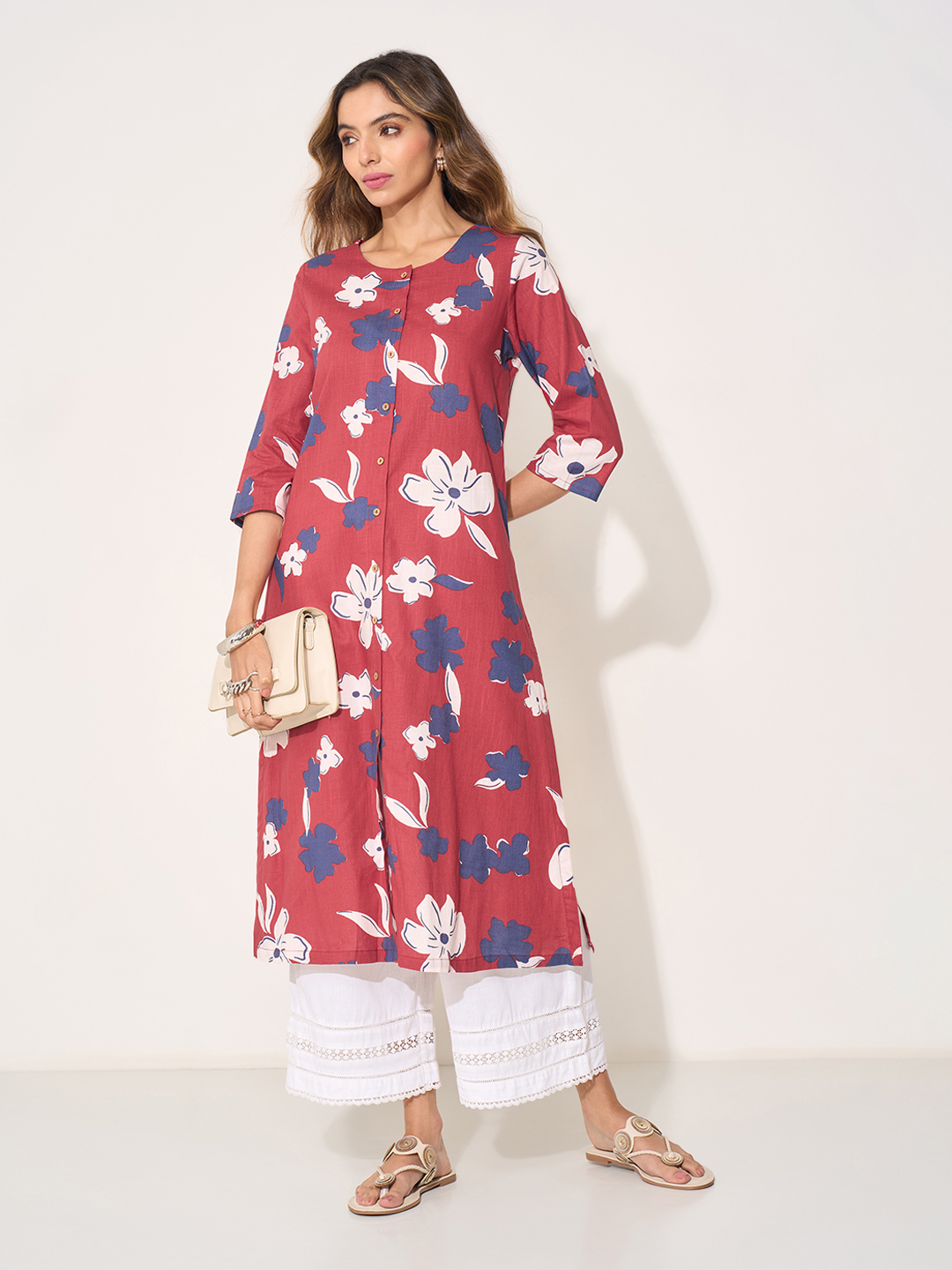Red Floral Print Casual Kurta