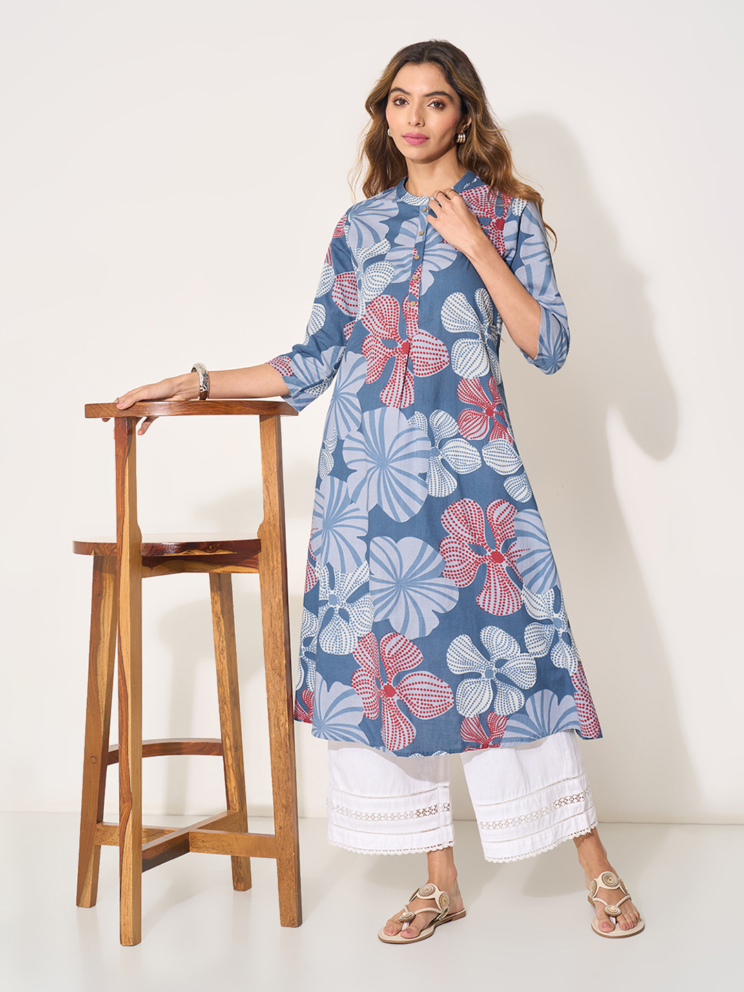 Blue Floral Print Casual Kurta