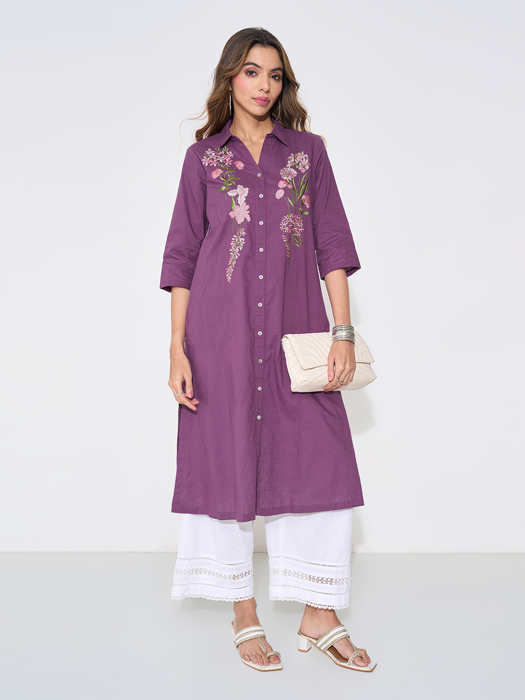 Purple Floral Embroidered Casual Kurta