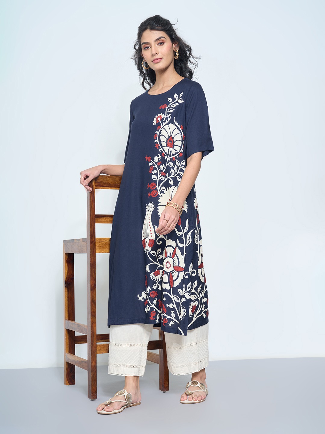 Navy Floral Print A-line Kurta