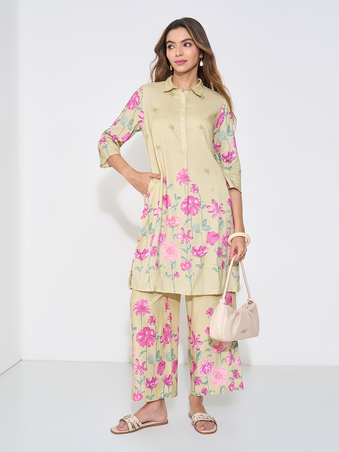 Olive Floral Print Casual Kurta