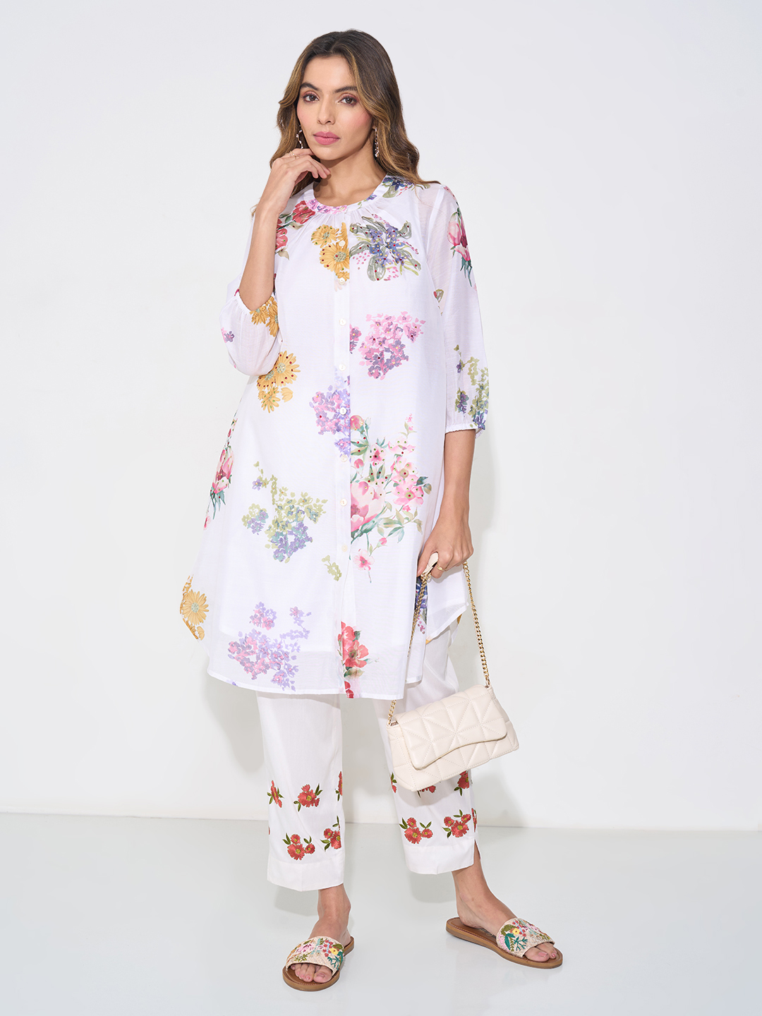 White Floral Overlay Kurta with Inner & Embroidered Pants Set