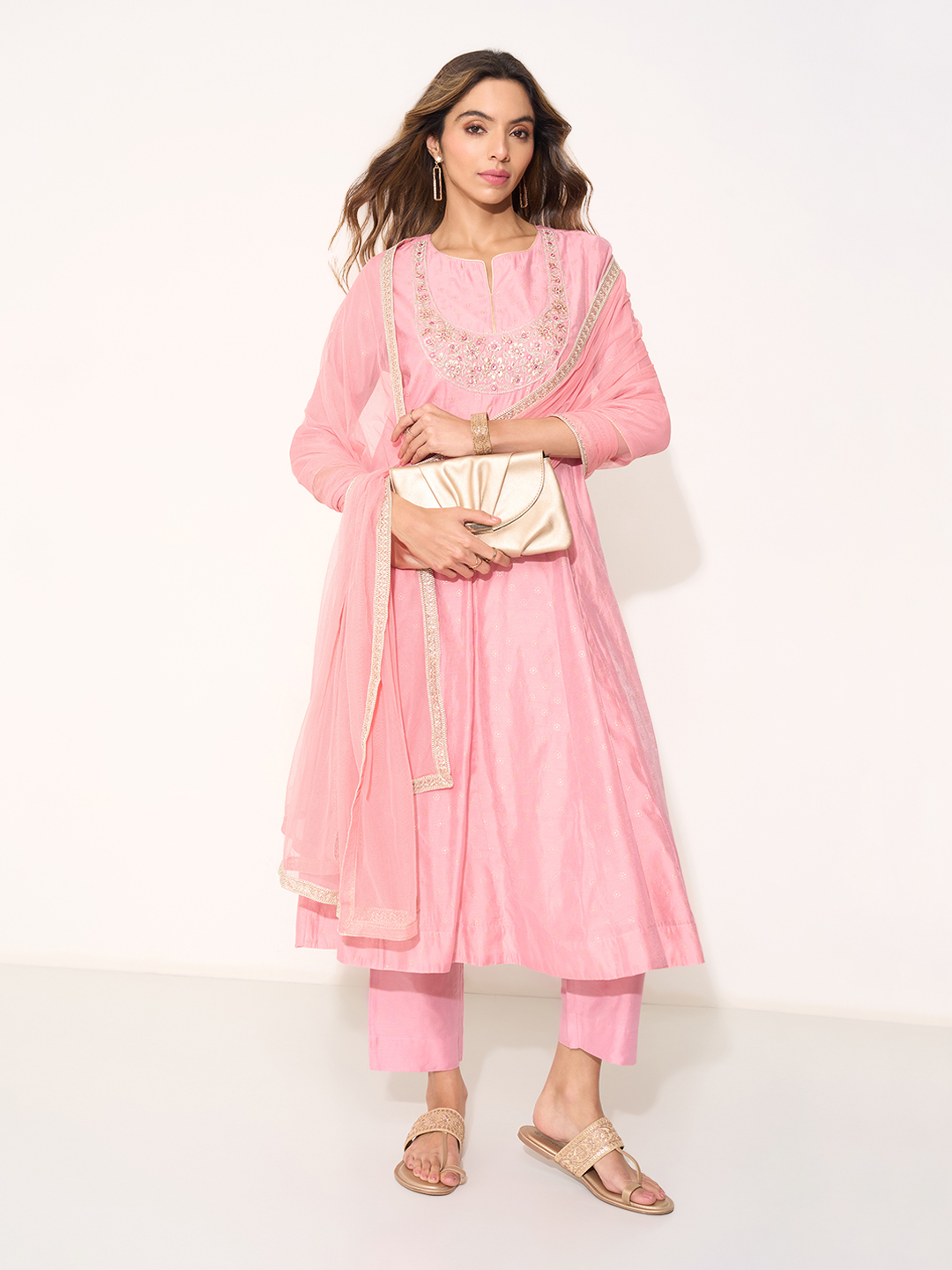 Pink Embroidered A-line Kurta Pants & Sheer Dupatta Set