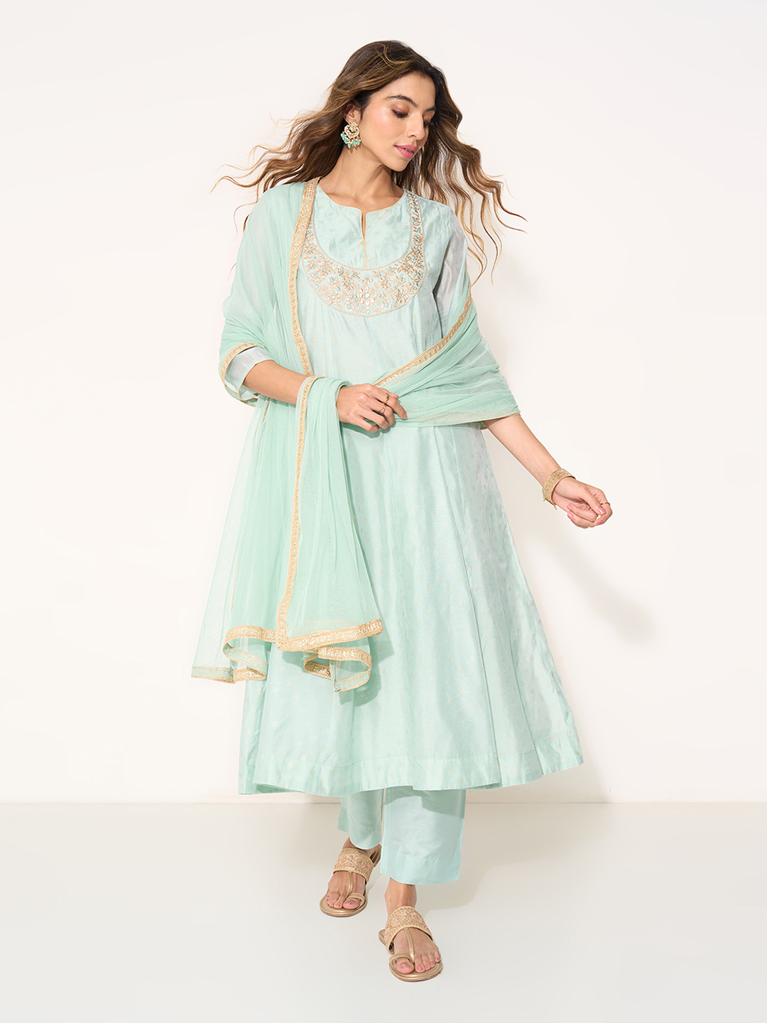 Mint Embroidered A-line Kurta Pants & Sheer Dupatta Set