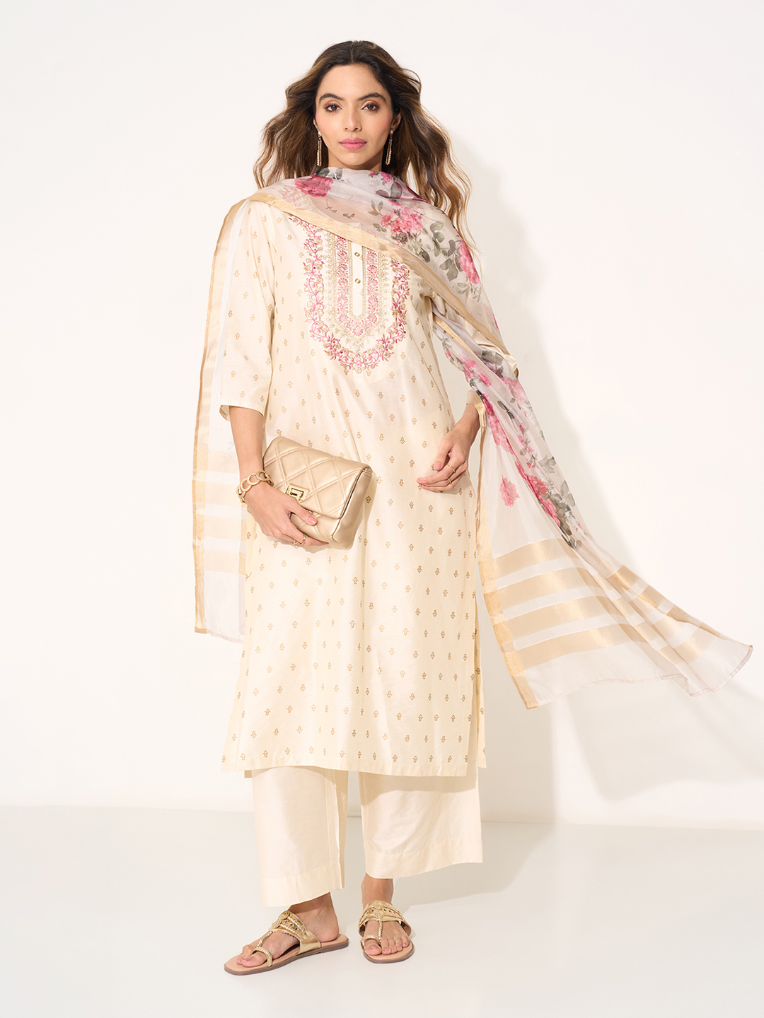 Beige Embroidered Straight Kurta Pants & Floral Dupatta Set