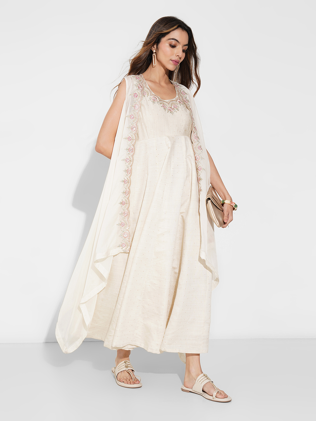 Off-White Floral Embroidered Fit & Flare Dress & High Low Overlay Set