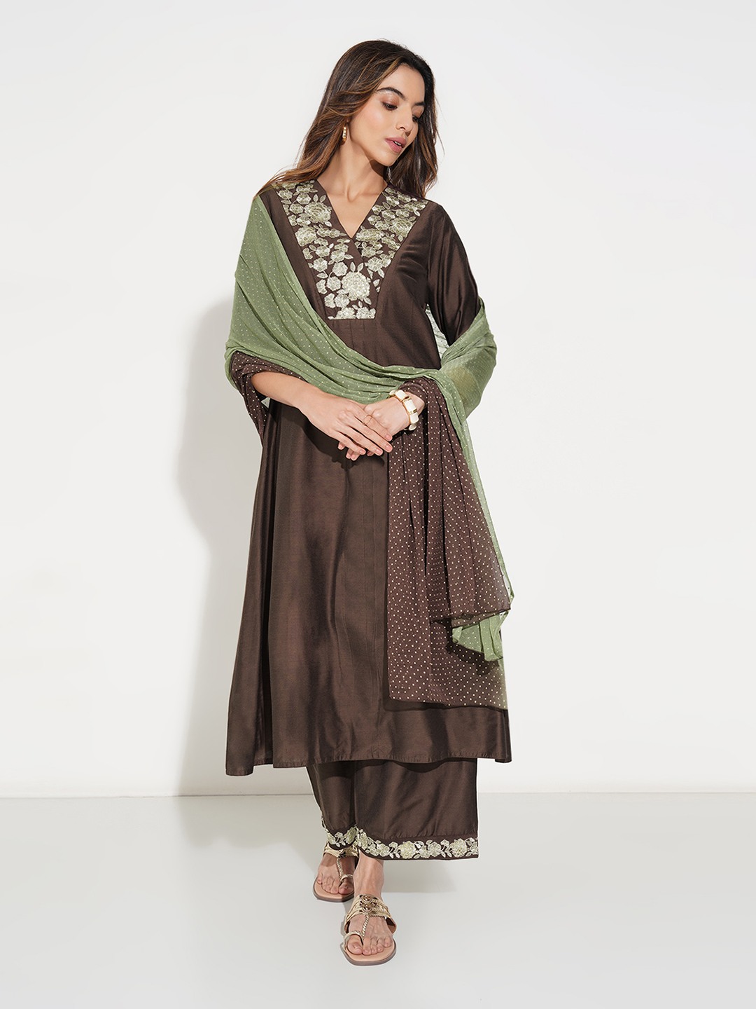 Brown Embroidered Kurta Pants & Ombre Dupatta Set