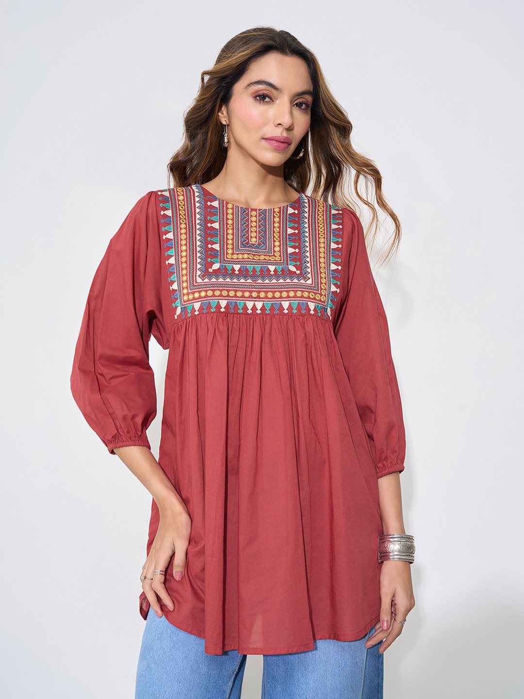 Red Tunic with Multicoloured Geometric Embroidered Yoke