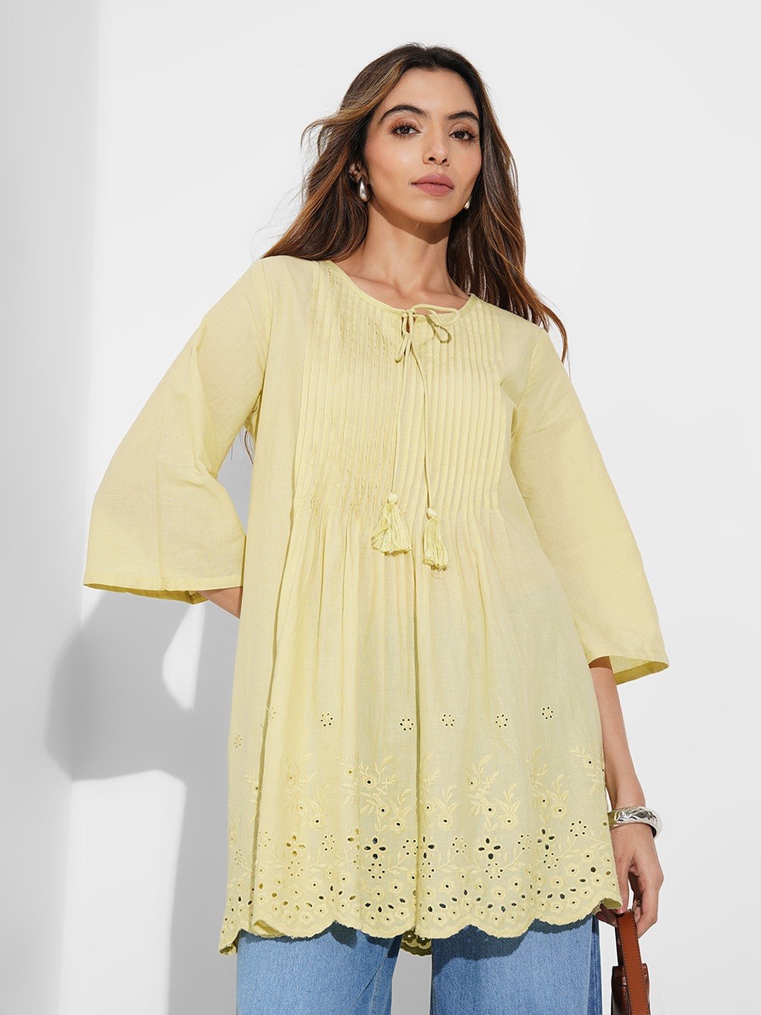 Lime Cut-Work Pleated Tunic