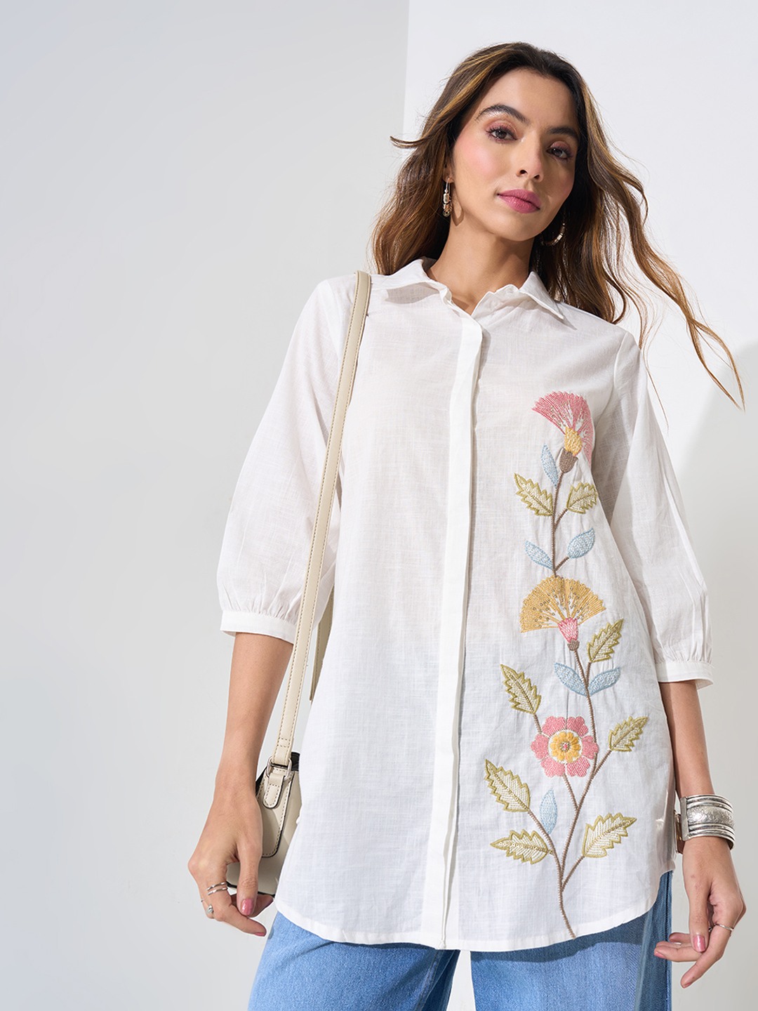 White Tunic with Placement Floral Embroidery