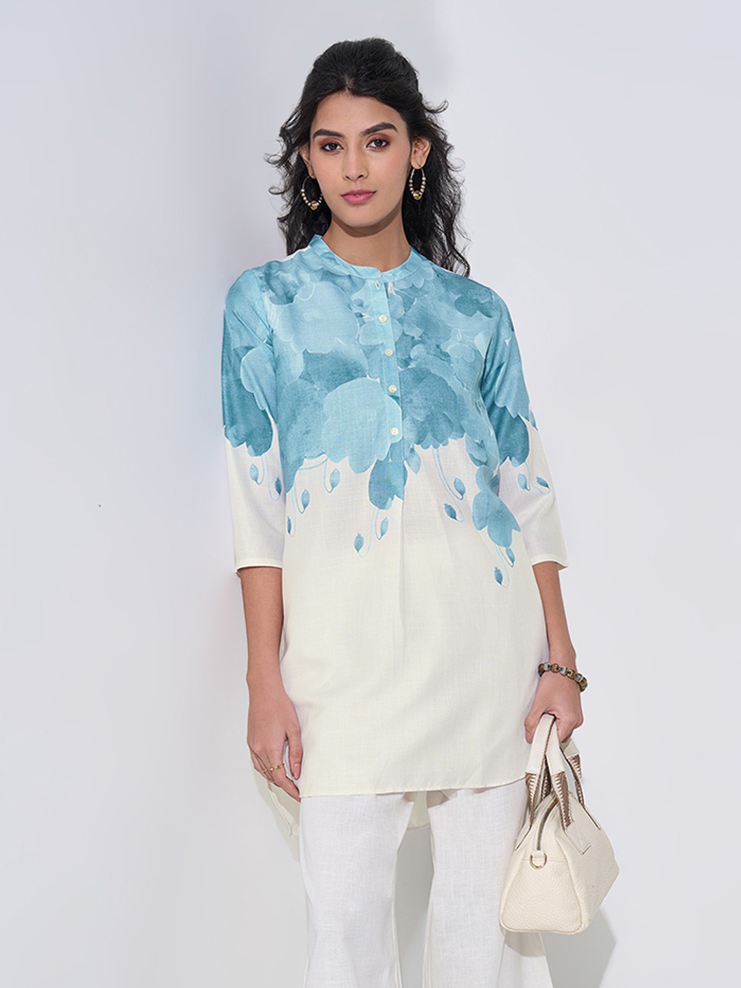 Blue Floral Print Straight Tunic with Mandarin Collar