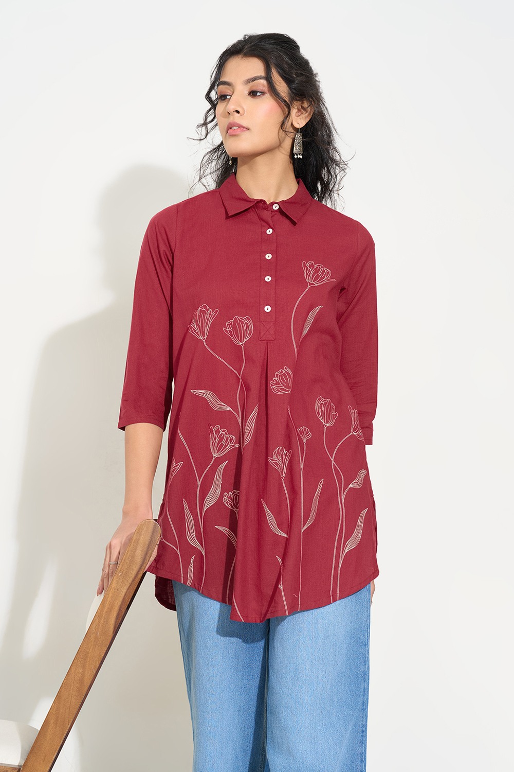 Maroon Floral Outline Print Shirt Tunic