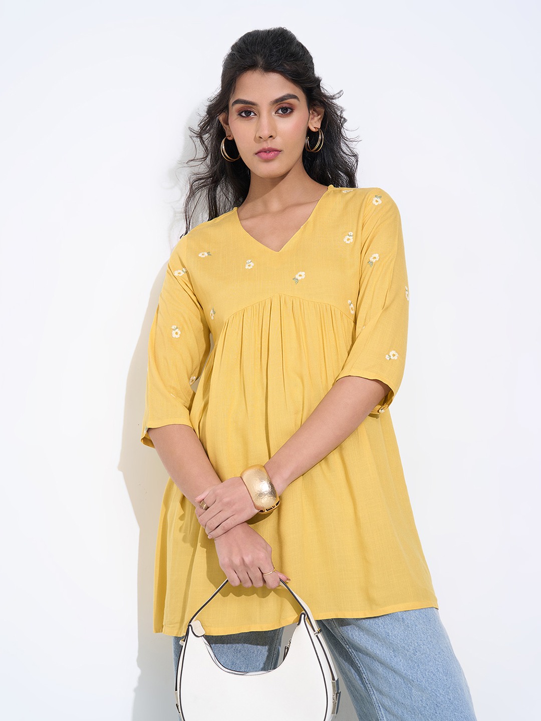 Yellow Floral Embroidered Empire-Line Tunic