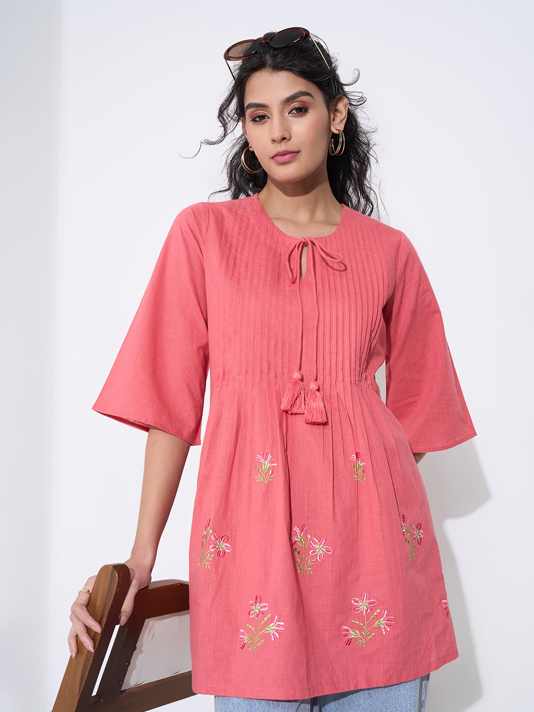 Coral Pink Embroidered Peplum Tunic with Tie-Up Neckline & Pleats