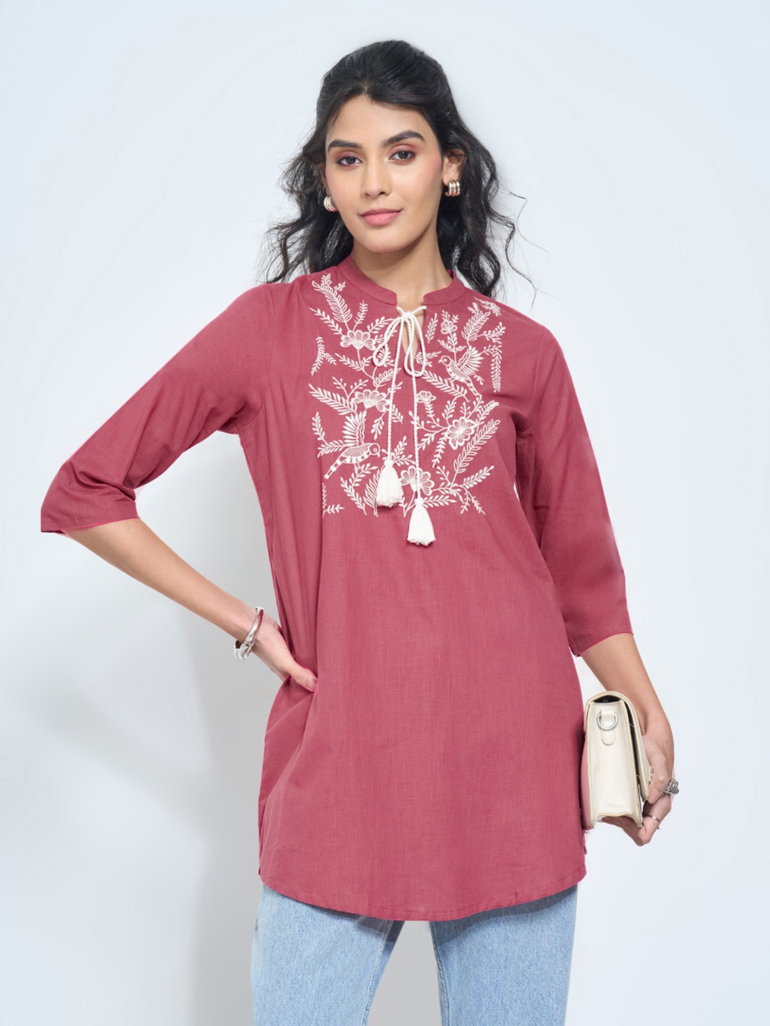 Pink Flora & Fauna Embroidered Tunic with Tie-Up Neck
