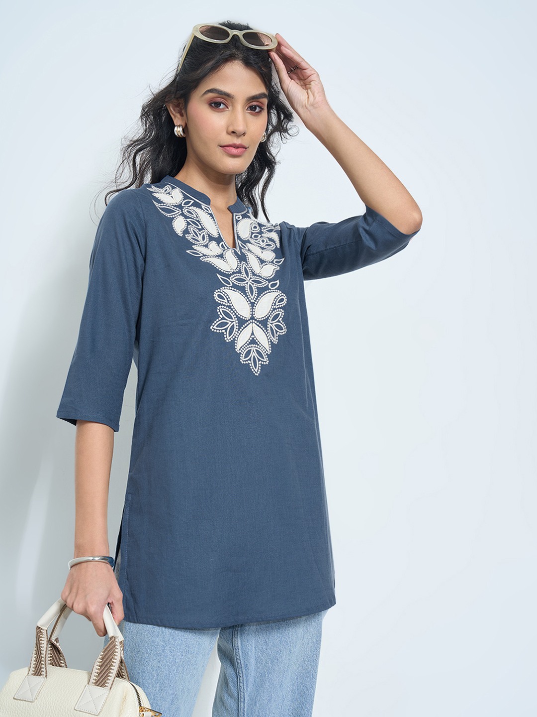 Blue Leafy Embroidered Tunic