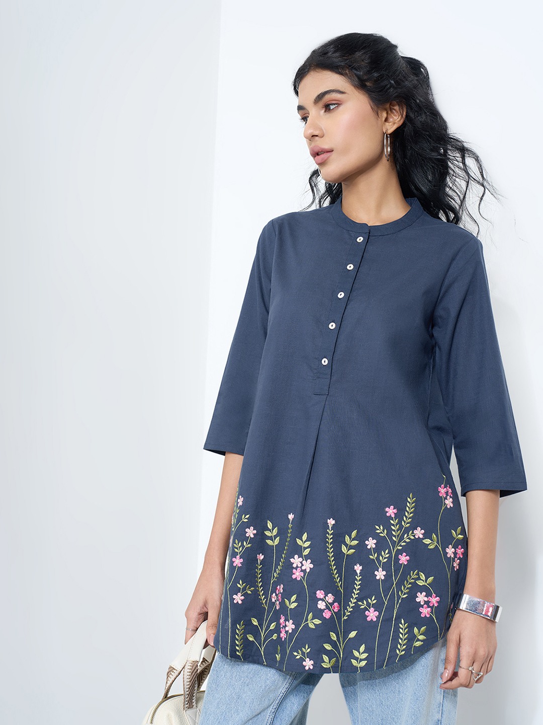 Indigo Floral Embroidered Relaxed Tunic