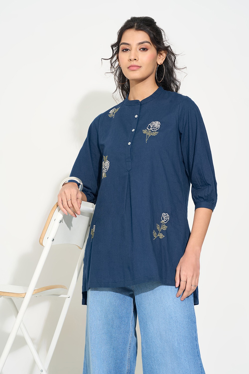 Navy Floral Embroidered Pleat Detail Tunic